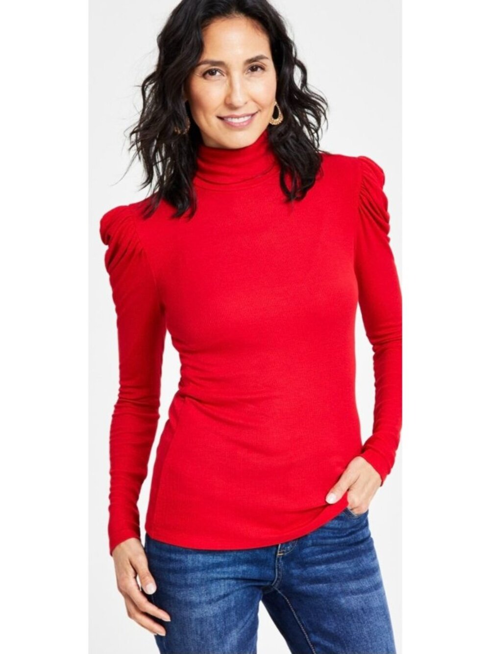 INC Red Exxagerated Long Sleeve Mock Neck Red Ribbed Top 1X NWT
